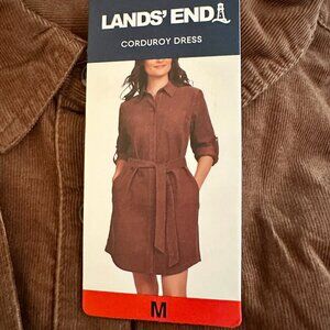Lands' End Women's Corduroy Midi Shirt Dress Size M Brown Button Front Belted